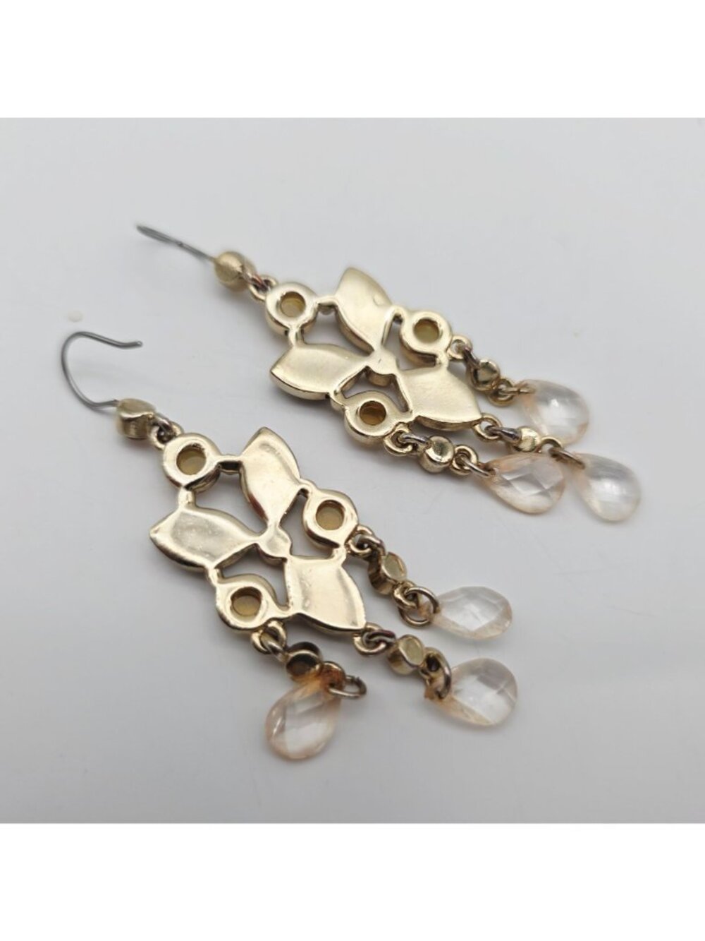 Gold Tone Earrings Faceted Citrine Color Crystals and Briolette Chandelier - Picture 5 of 5